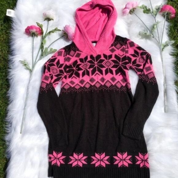 Justice Long Sweater Dress Junior 14 Pink Black Snowflake Hood Knit Winter - Picture 1 of 8